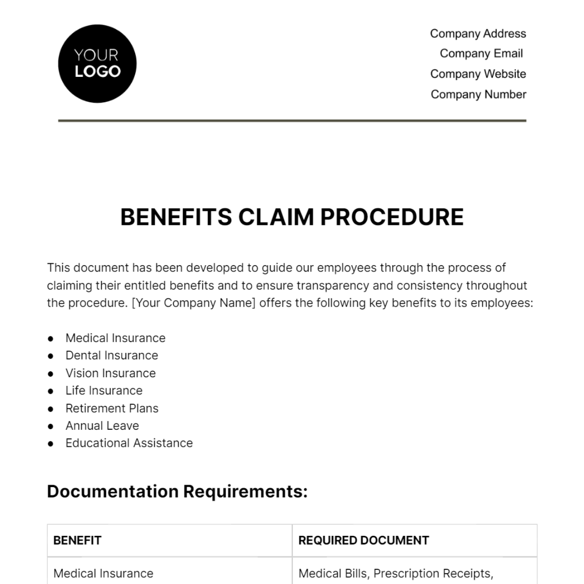 Free Benefits Claim Procedure HR Template