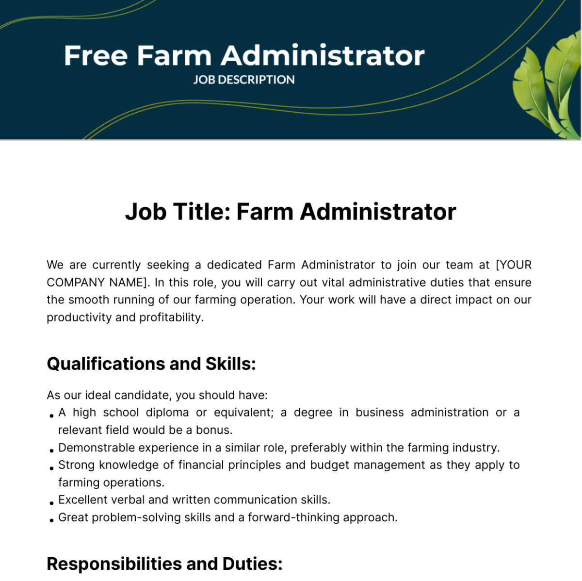 Free Farm Administrator Job Description Template