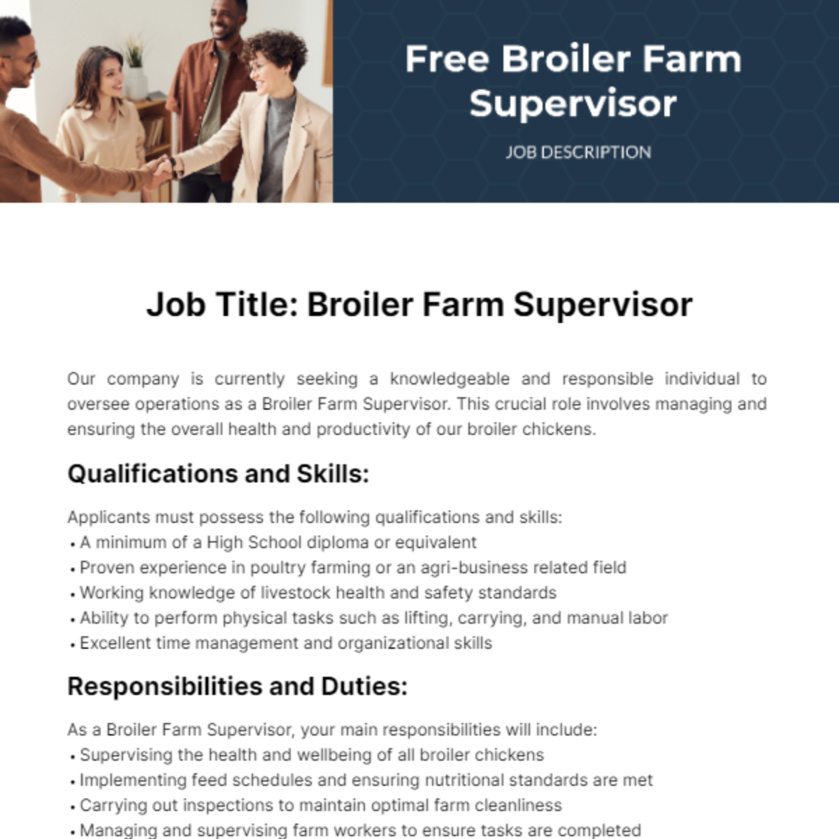Free Broiler Farm Supervisor Job Description Template