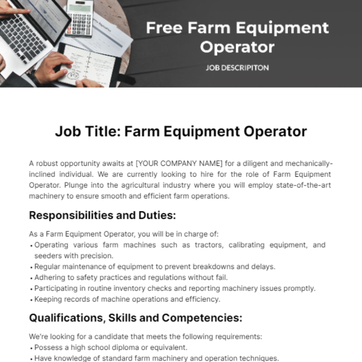 Free Farm Equipment Operator Job Description Template