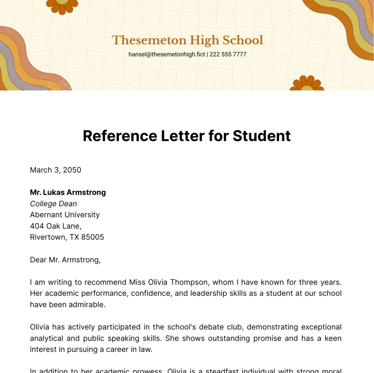 Reference Letter for Student Template