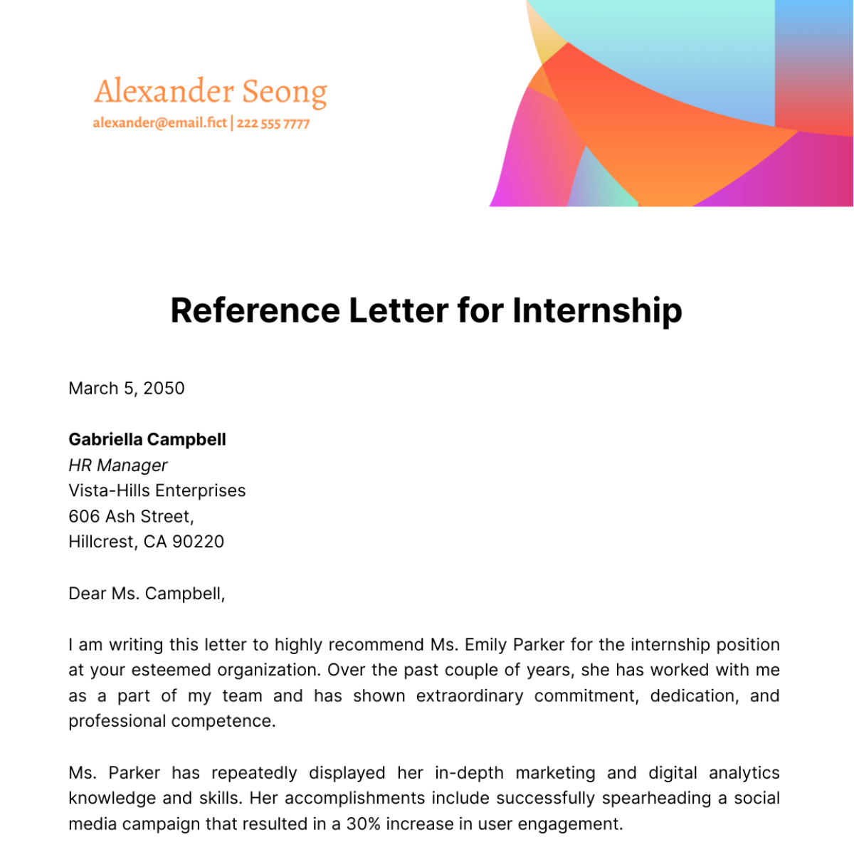 Reference Letter for Internship Template
