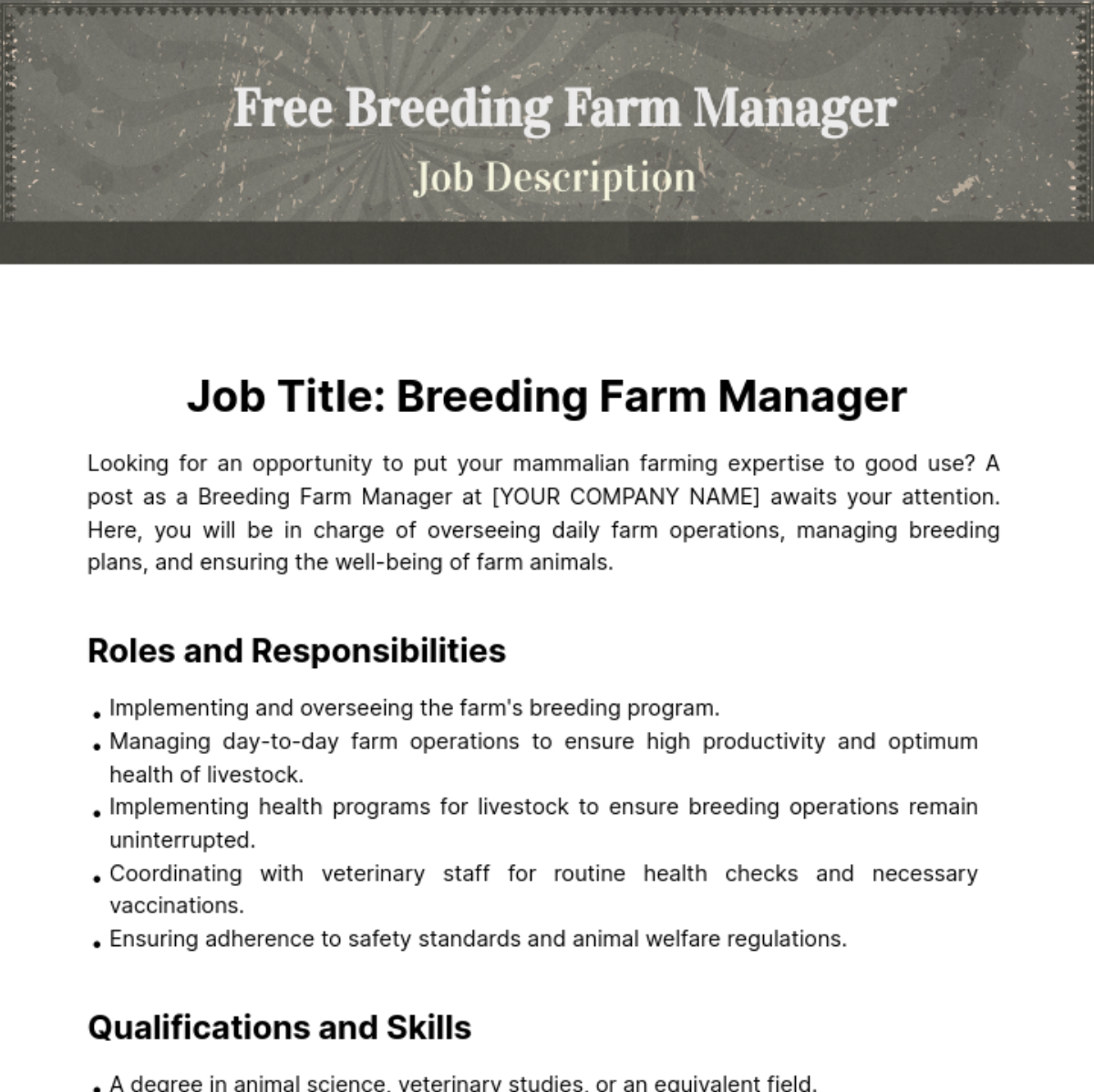 Breeding Farm Manager Job Description Template