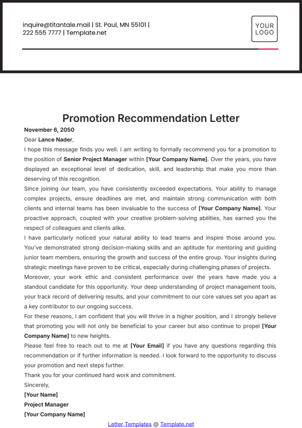 Promotion Recommendation Letter Template - Edit Online & Download