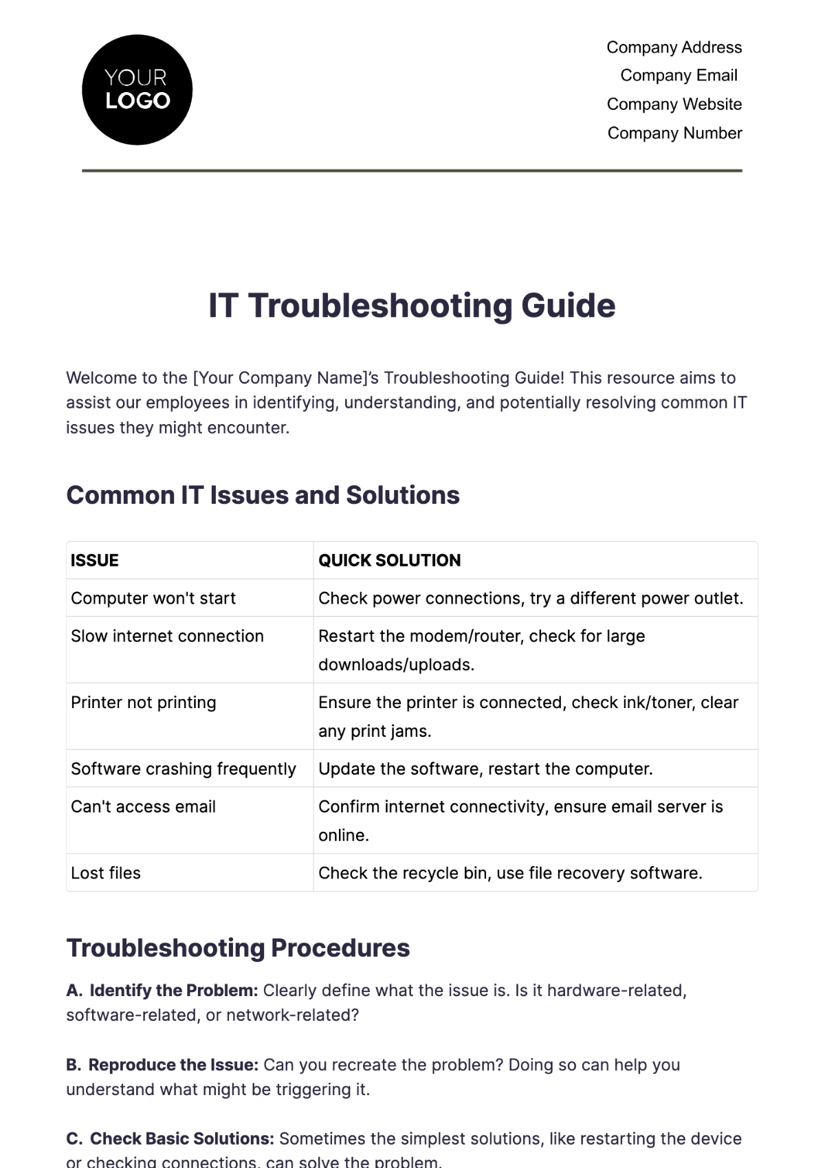 IT Troubleshooting Guide HR Template - Edit Online & Download