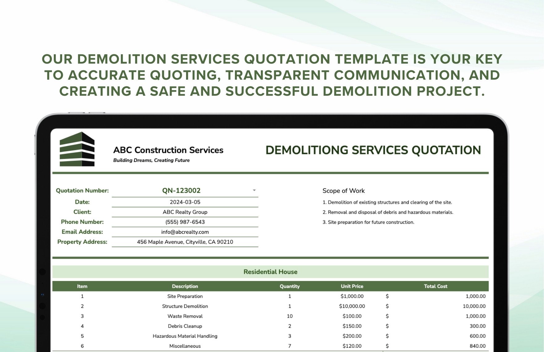 Demolition Services Quotation Template