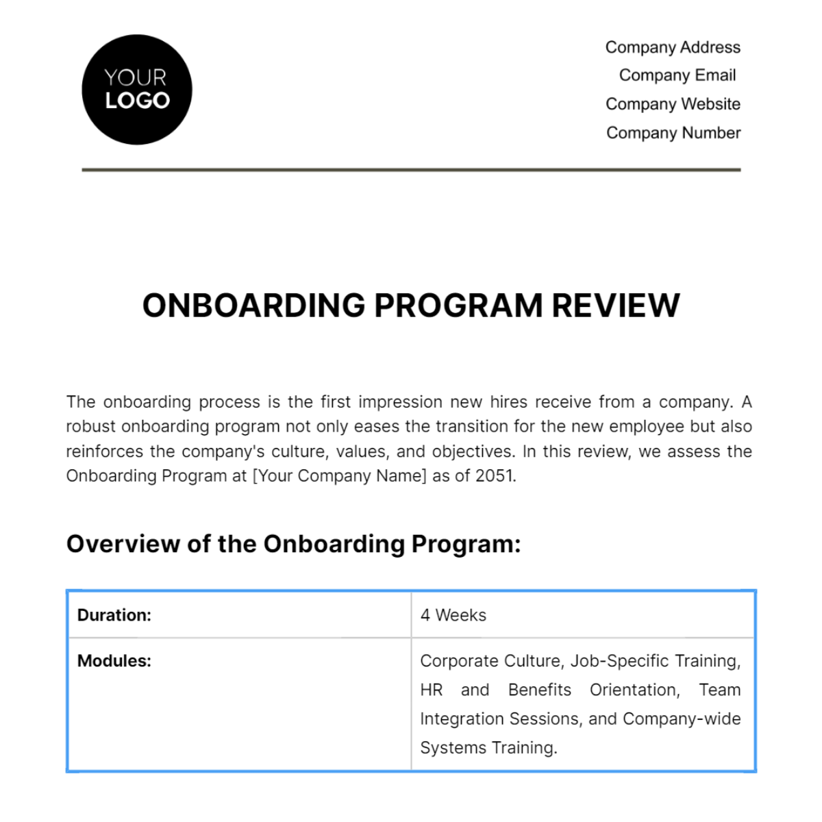 Free Onboarding Program Review HR Template