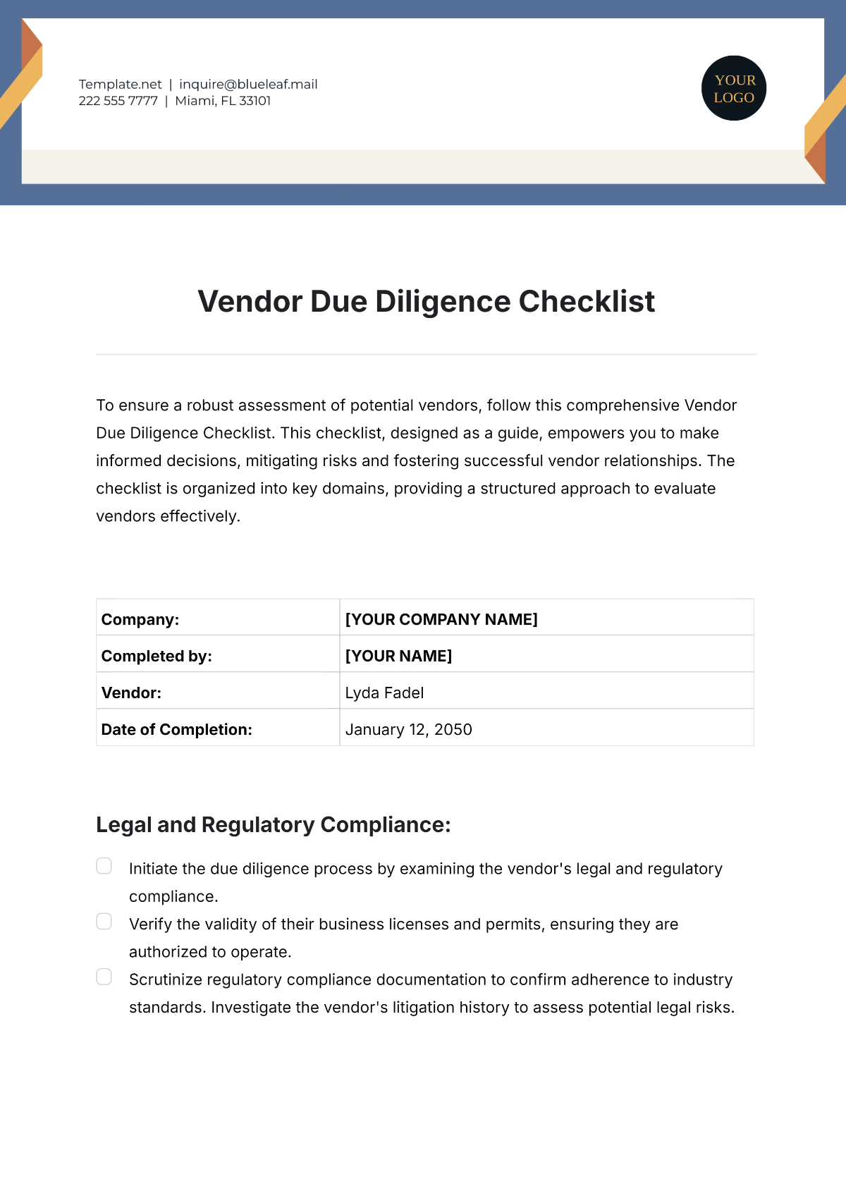 Vendor Due Diligence Checklist Template - Edit Online & Download