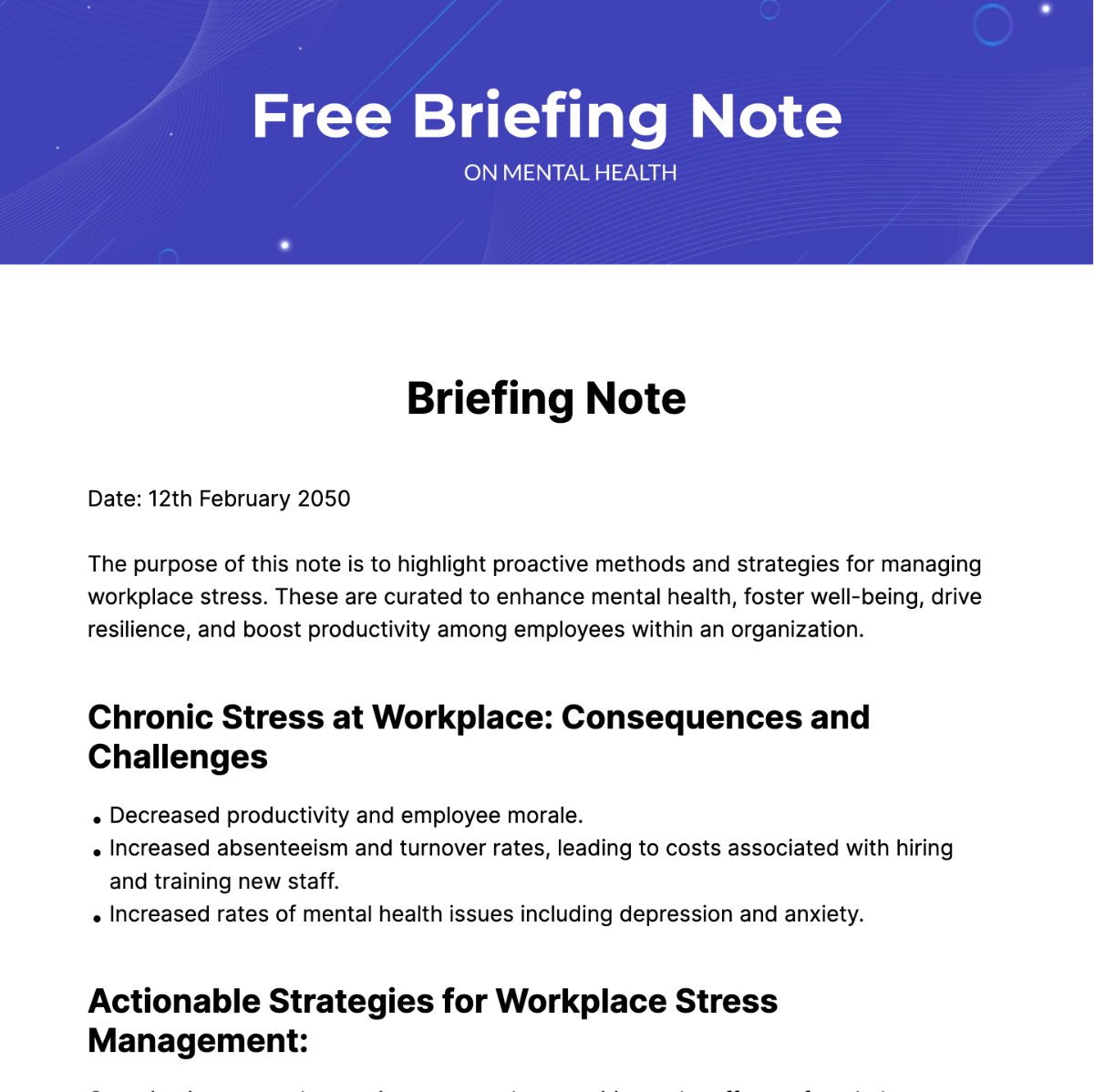 Free Briefing Note on Mental Health Template