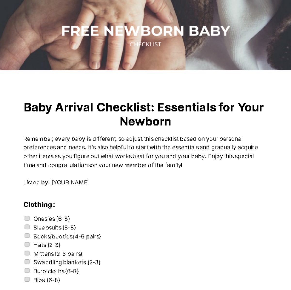 Free Newborn Baby Checklist Template