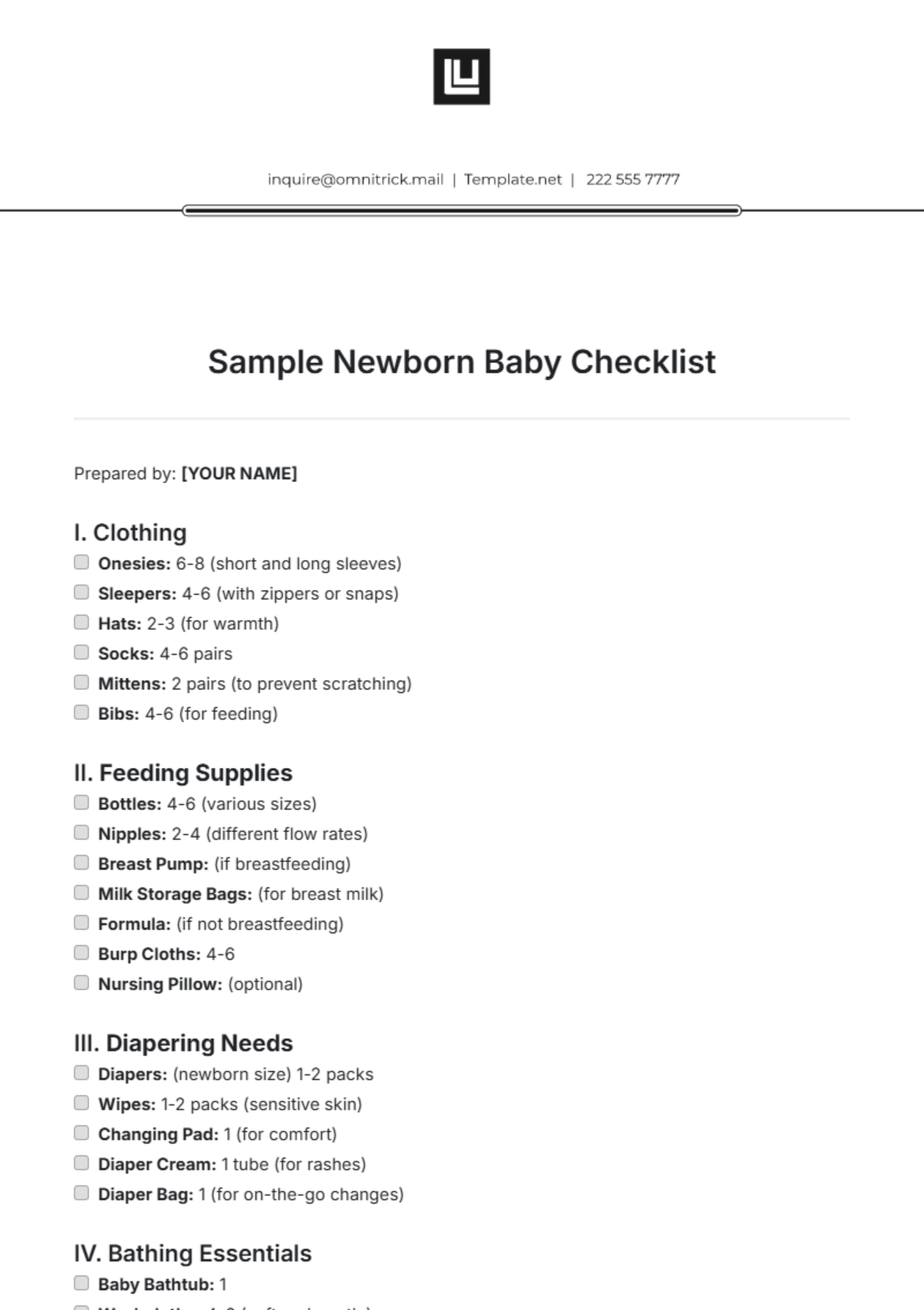 Sample Newborn Baby Checklist Template