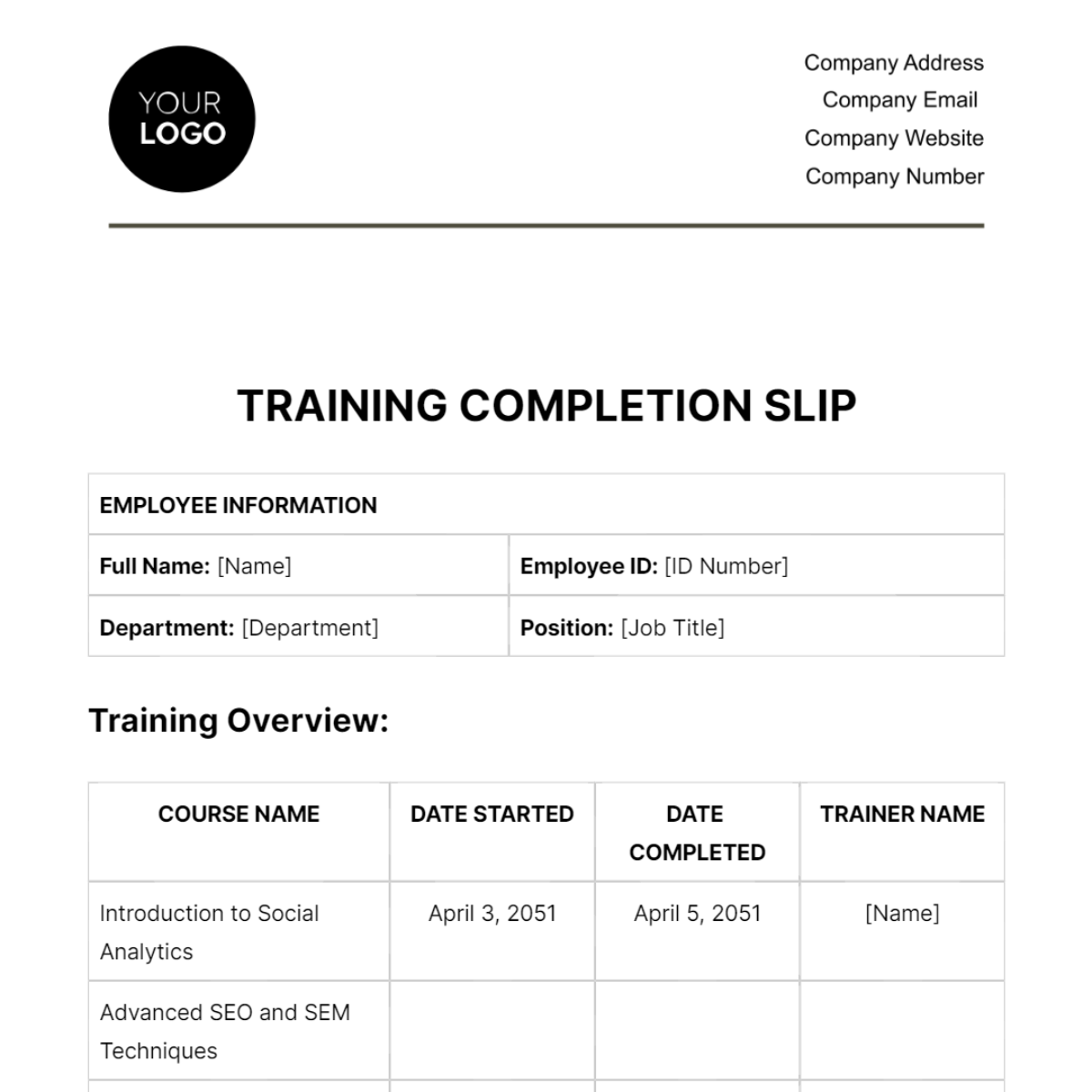 Training Completion Slip HR Template