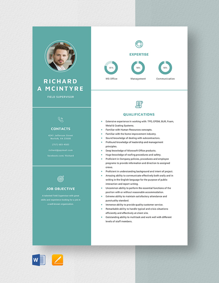 Free Field Pipelines Supervisor Resume Template Word Apple Pages 