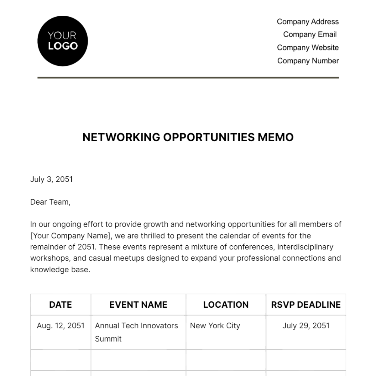 Networking Opportunities Memo HR Template