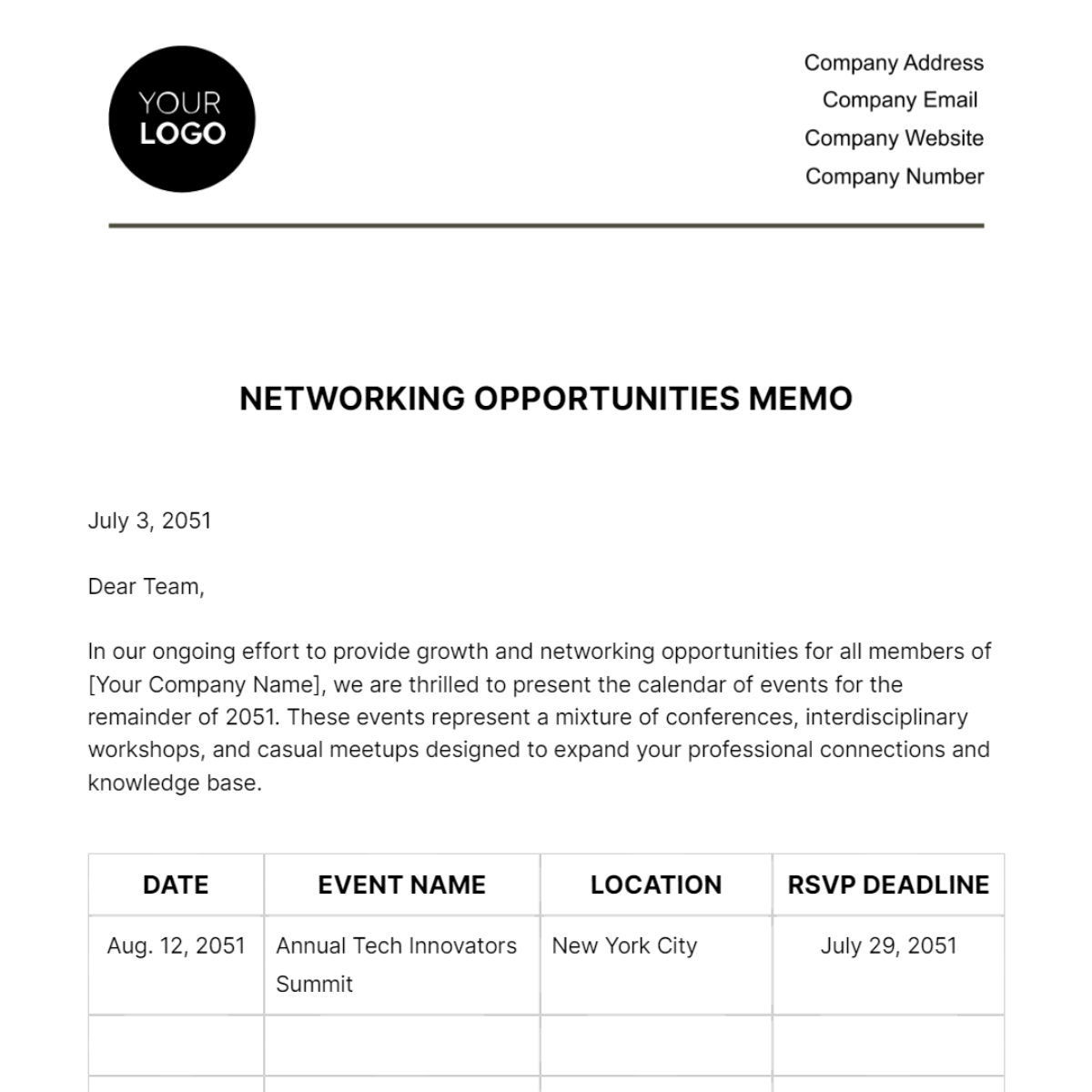 Networking Opportunities Memo HR Template - Edit Online & Download