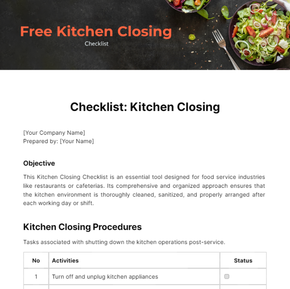 Kitchen Closing Checklist Template
