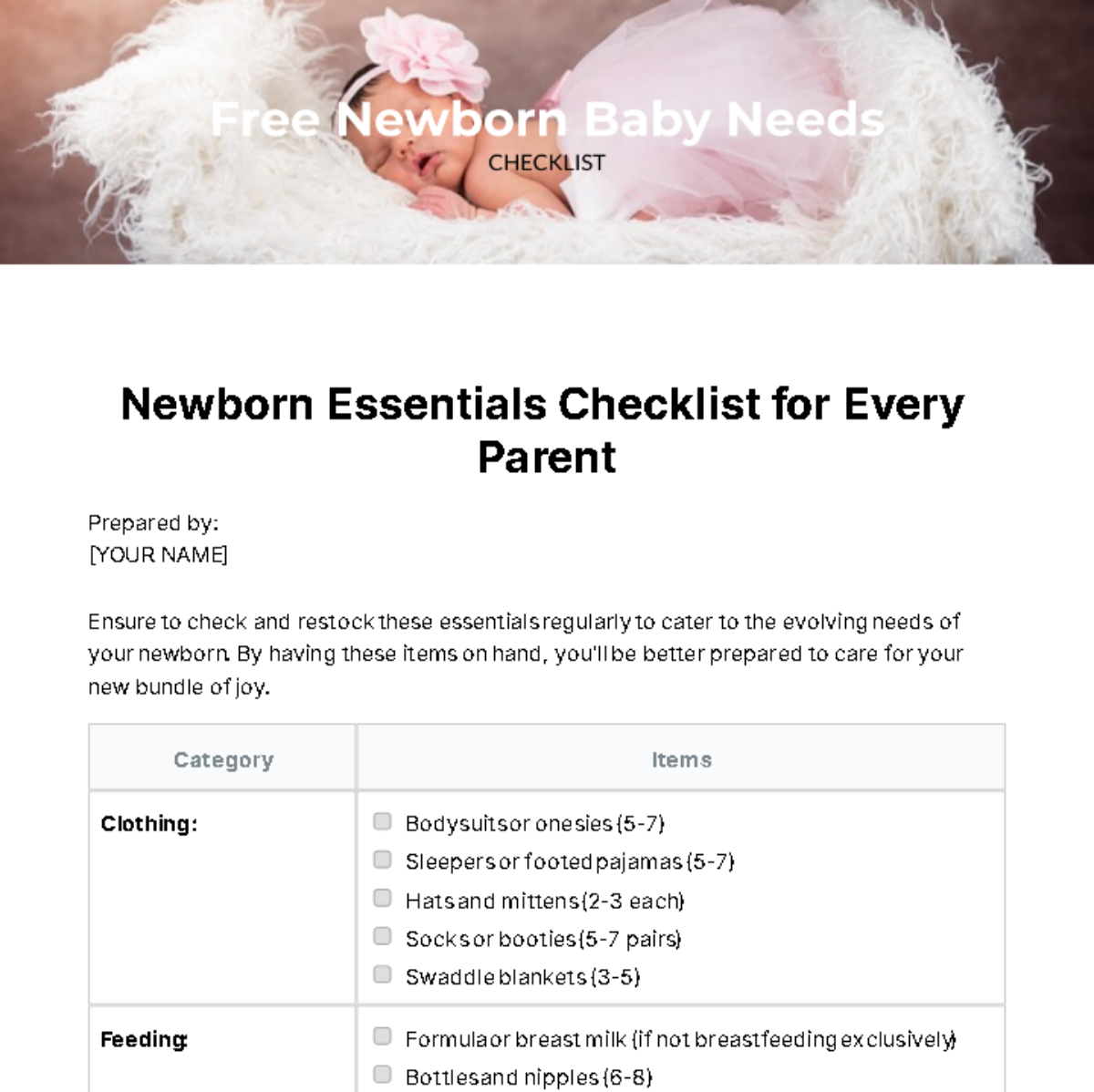 Free Newborn Baby Needs Checklist Template