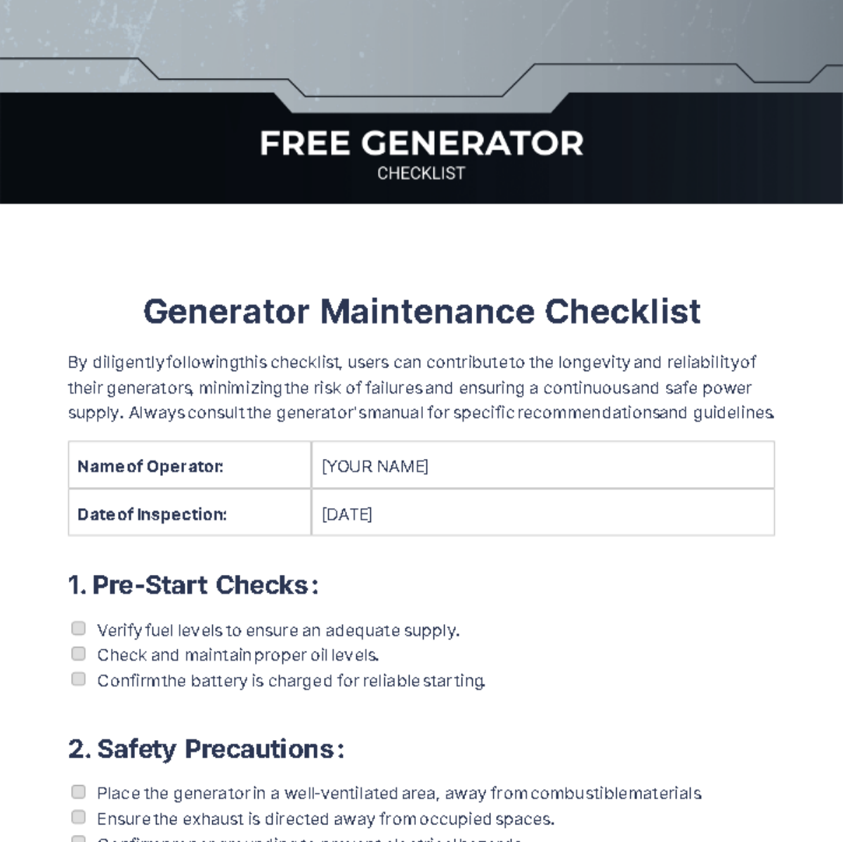 Generator Checklist Template