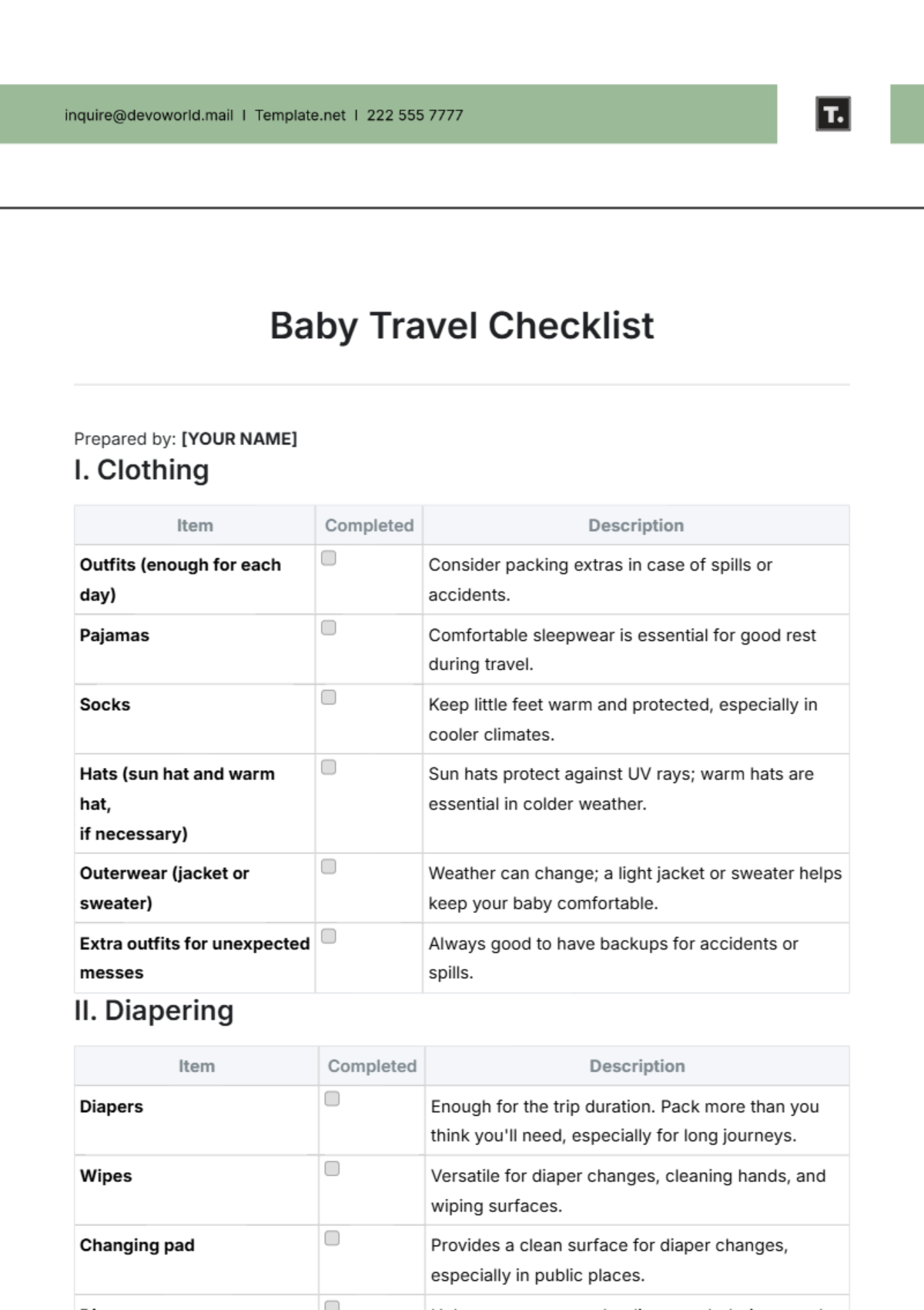 Baby Travel Checklist Template - Edit Online & Download