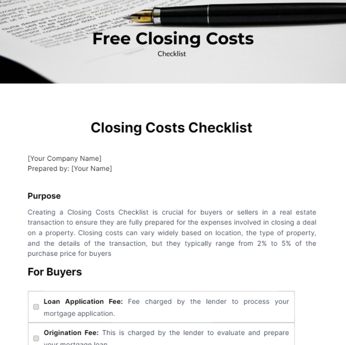 Closing Costs Checklist Template