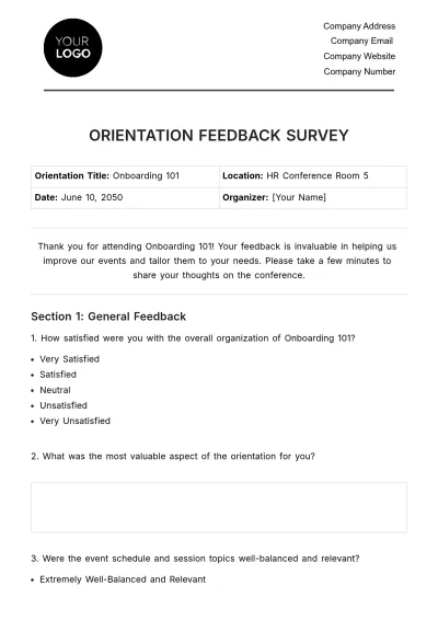 Free Orientation Feedback Survey HR Template to Edit Online