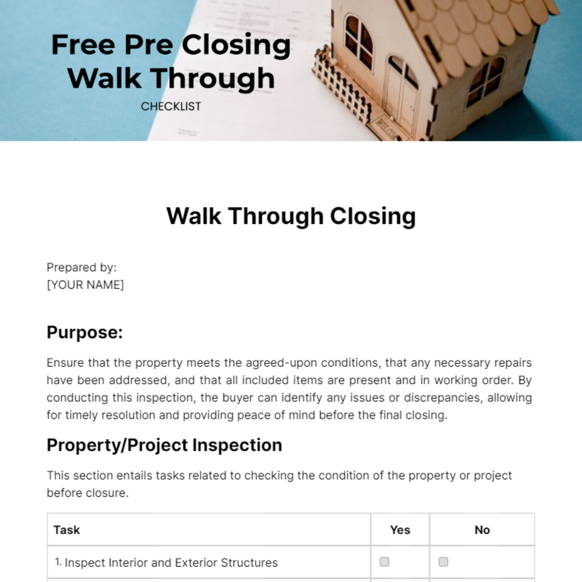Pre Closing Walk Through Checklist Template