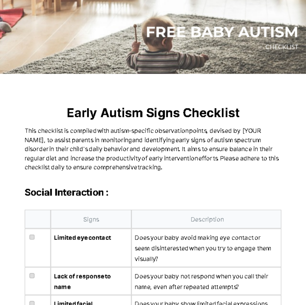 Baby Autism Checklist Template