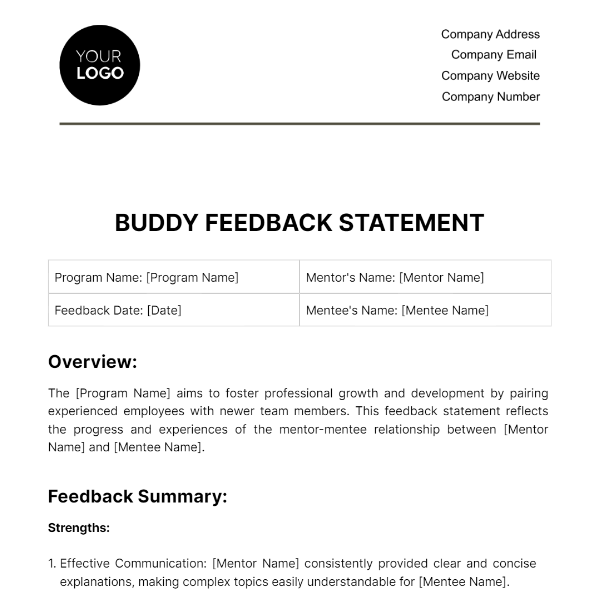 Buddy Feedback Statement HR Template - Edit Online & Download