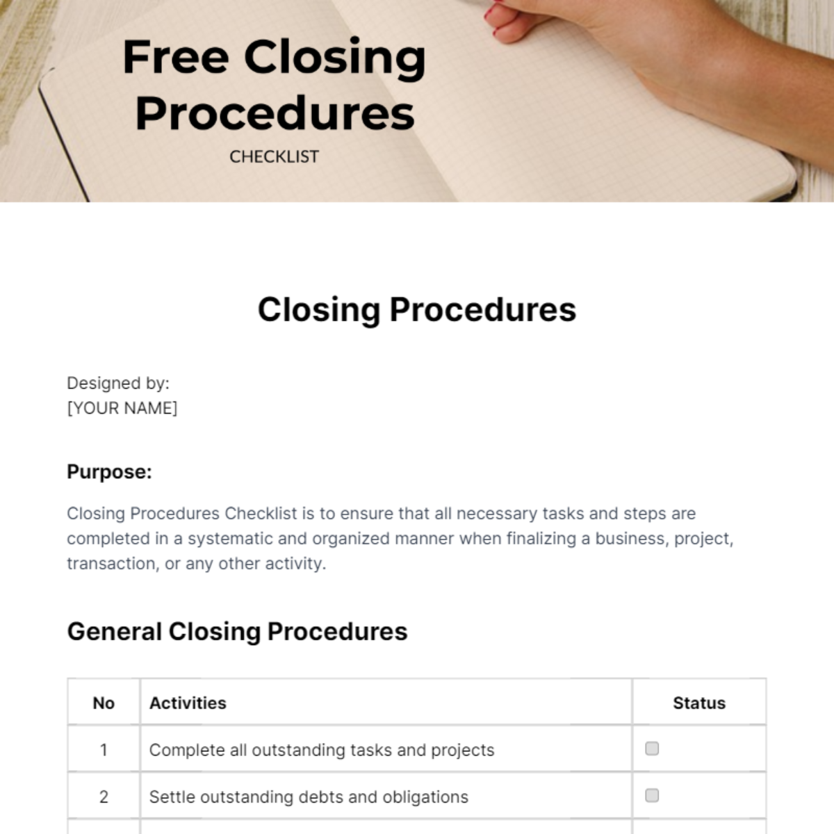 Closing Procedures Checklist Template