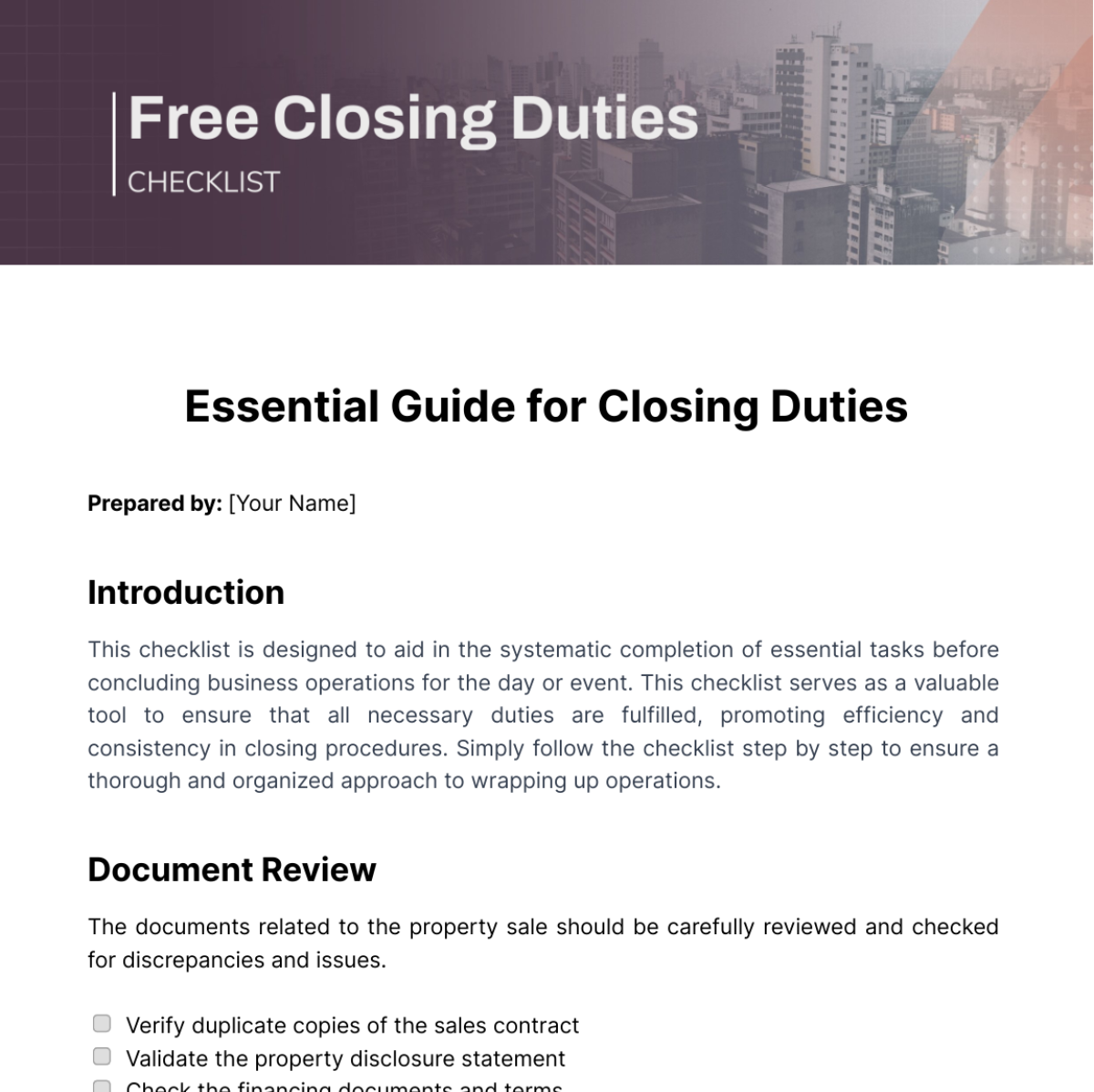 Free Closing Duties Checklist Template