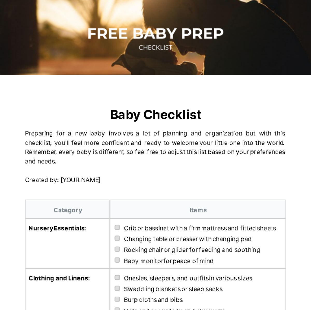 Baby Prep Checklist Template