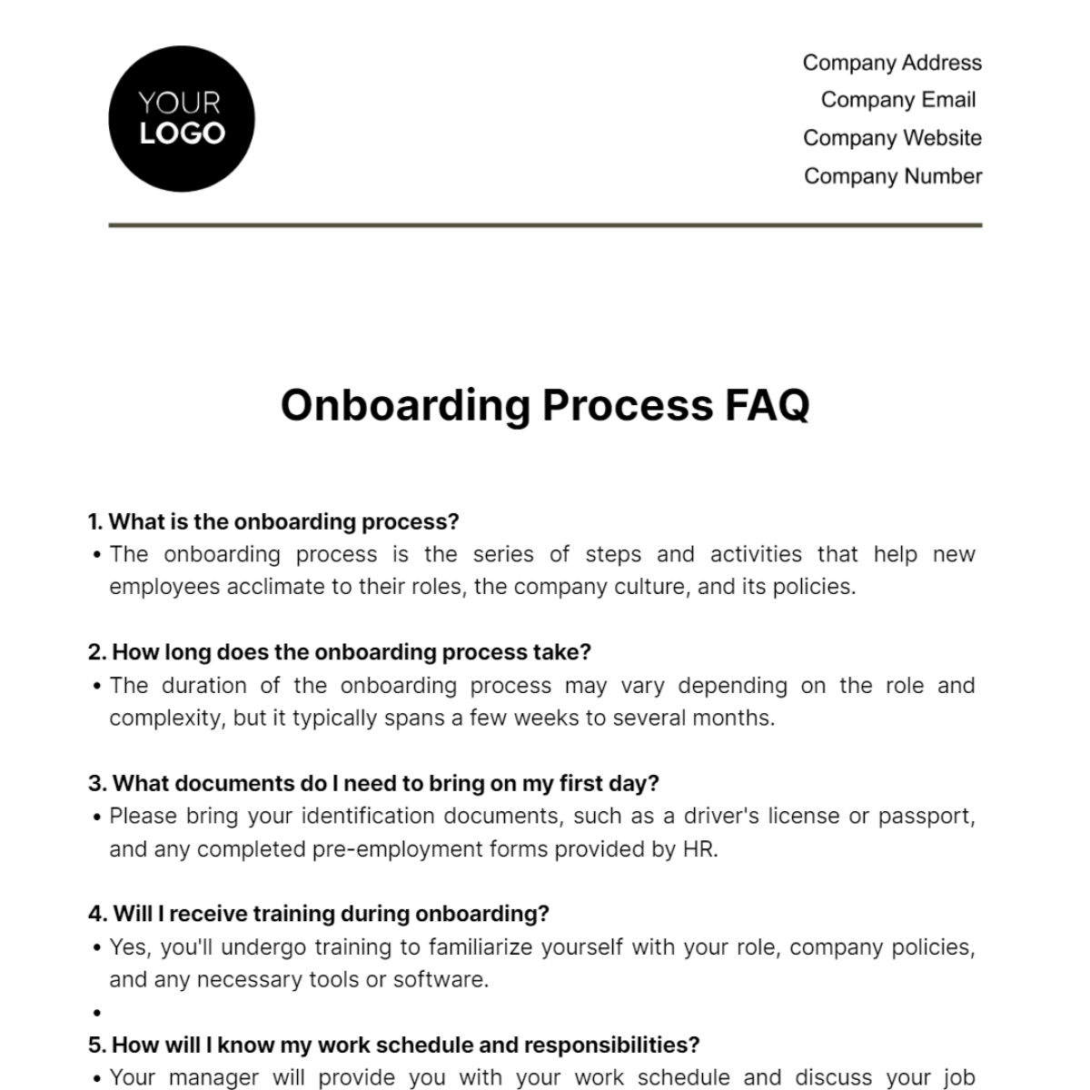 Onboarding Process FAQ HR Template