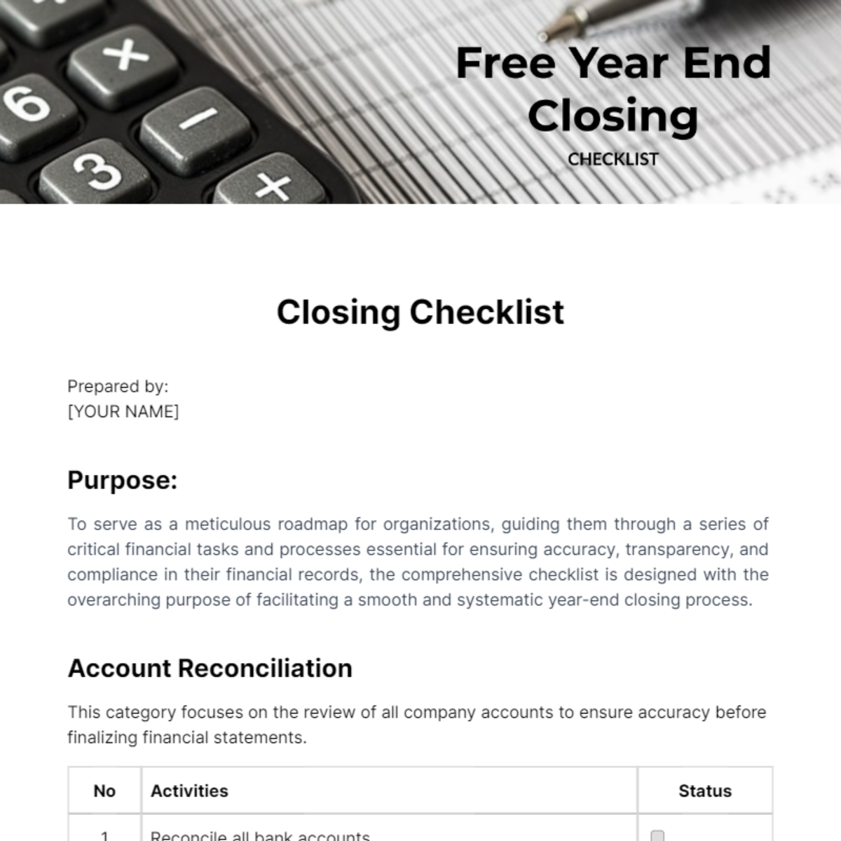 Year End Closing Checklist Template