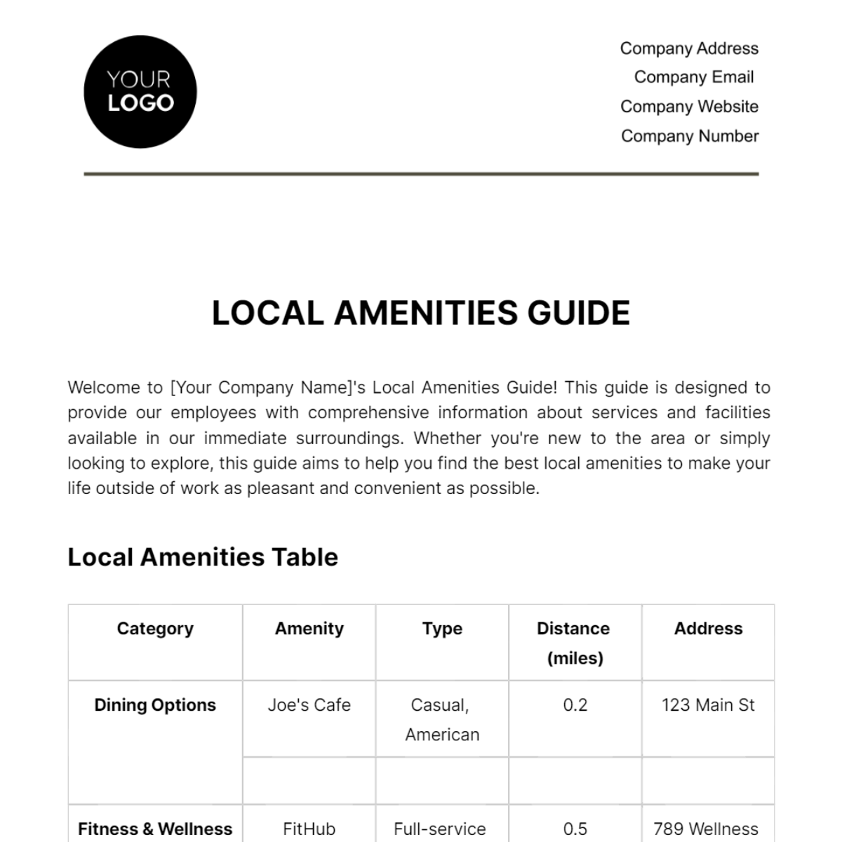 Local Amenities Guide HR Template - Edit Online & Download