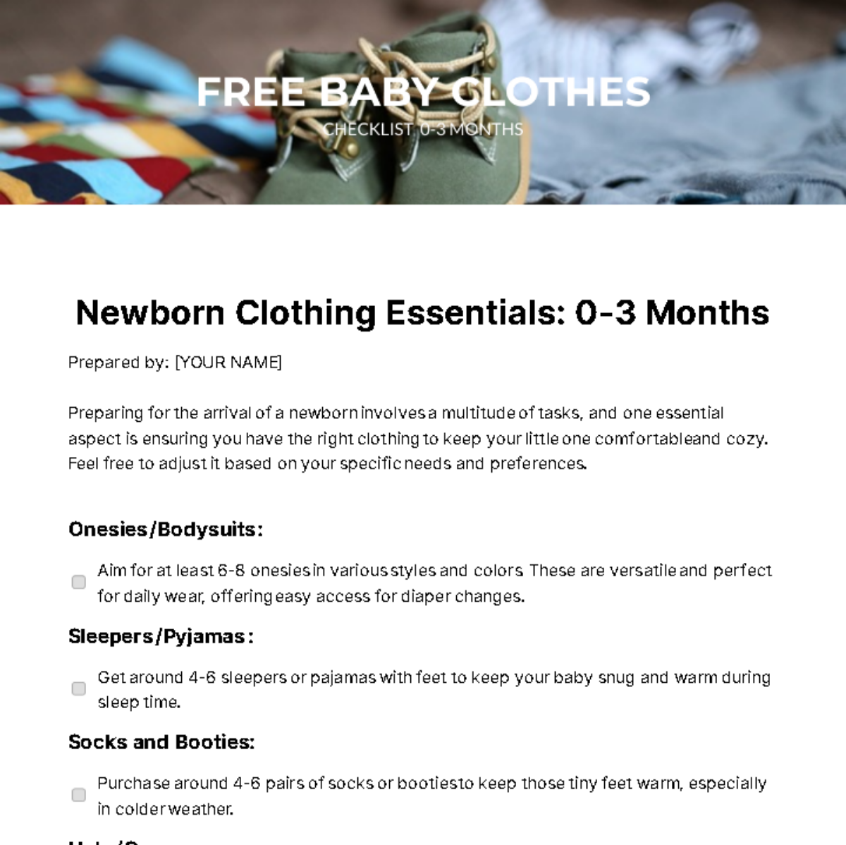 Baby Clothes Checklist 0-3 Months Template