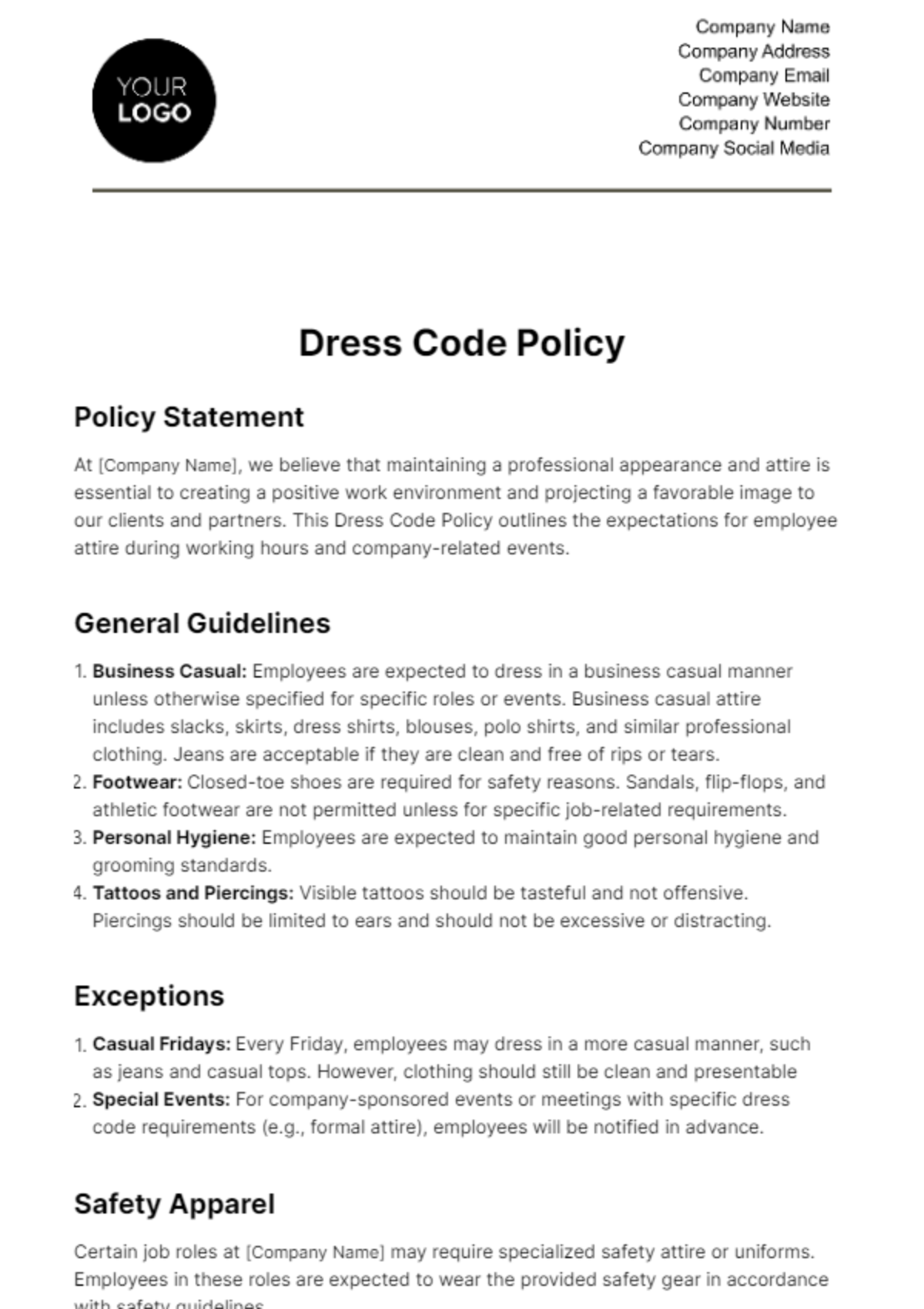 Dress Code Policy HR Template