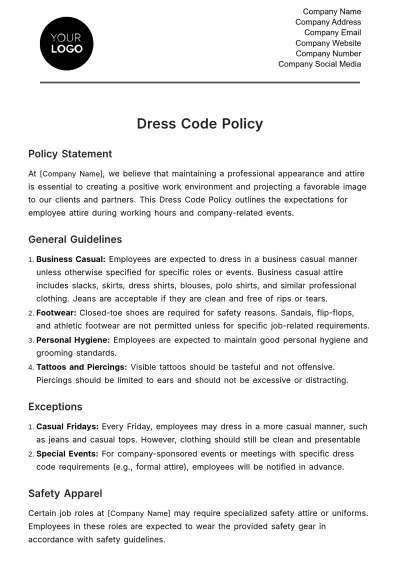 Free Dress Code Policy HR Template to Edit Online