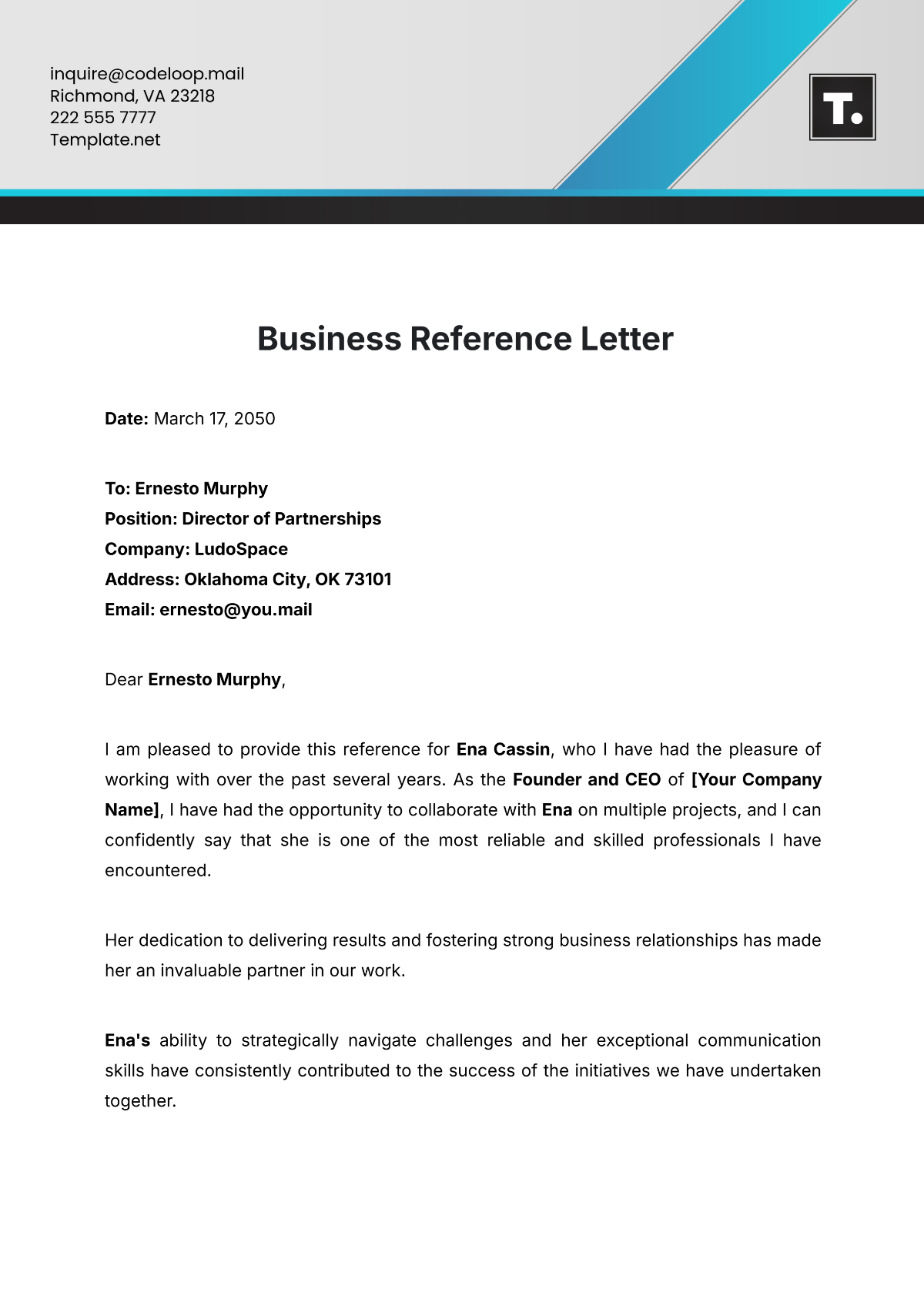 Business Reference Letter Template - Edit Online & Download