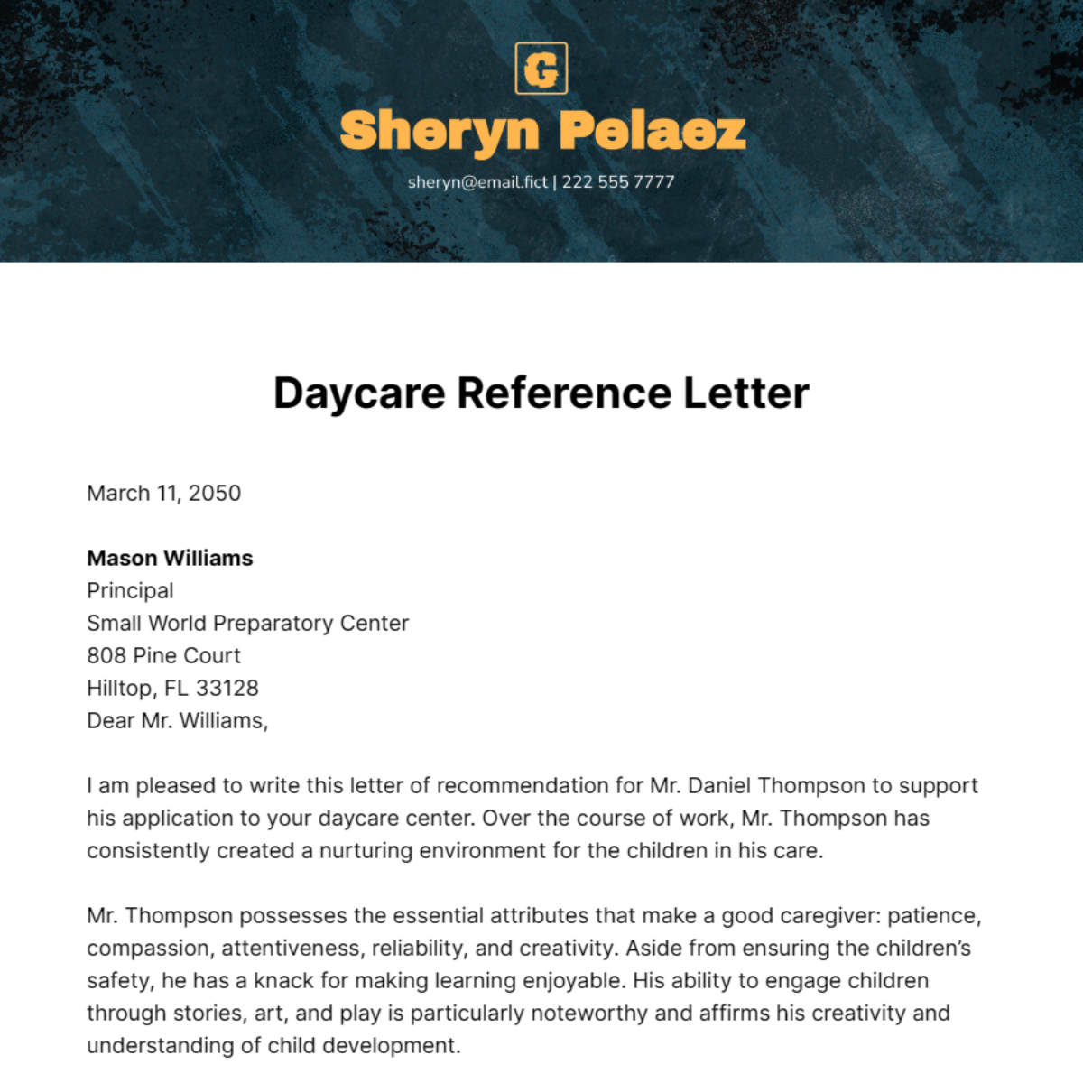 Daycare Reference Letter Template