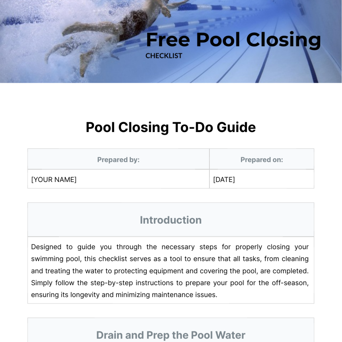 Pool Closing Checklist Template