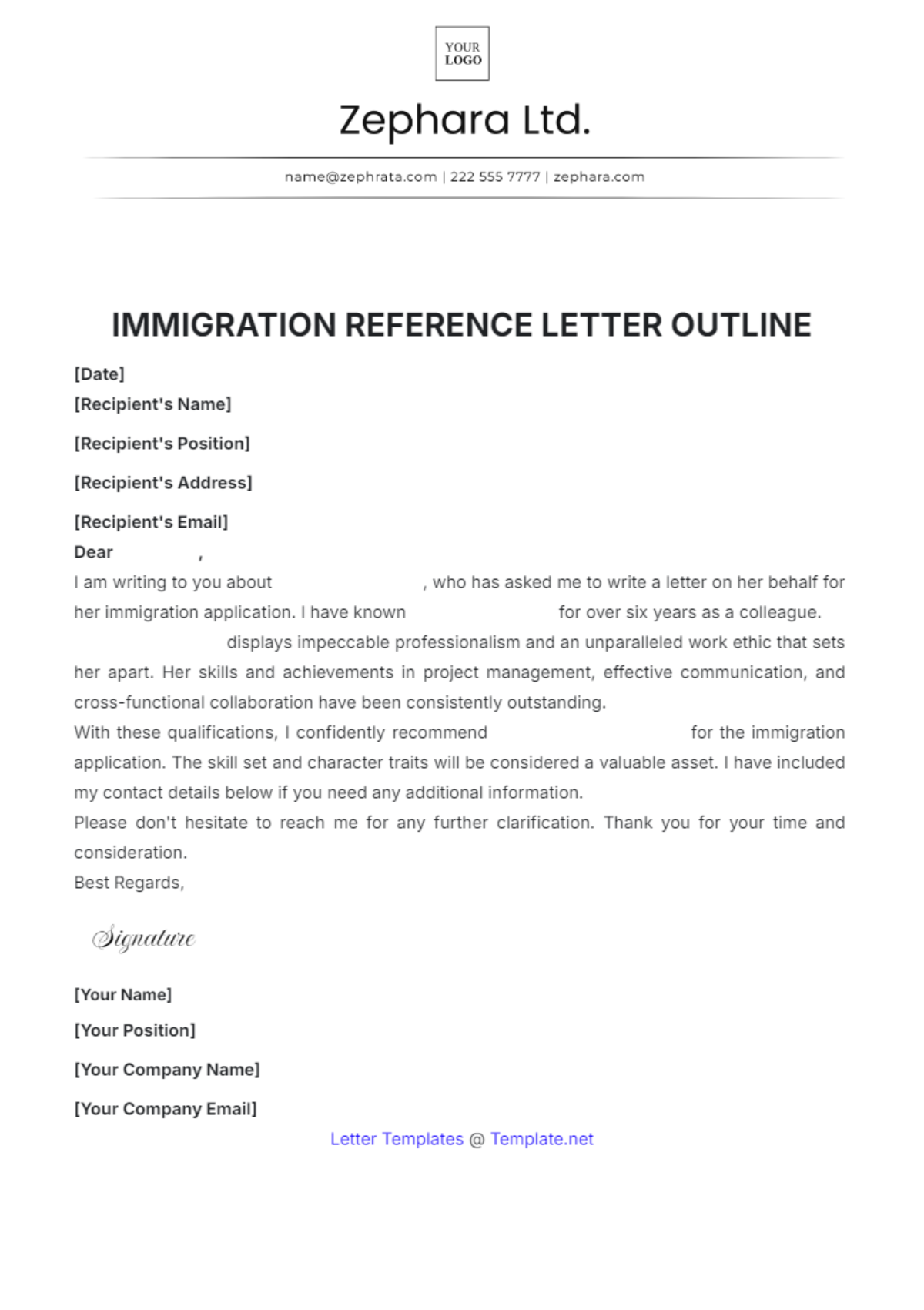 Free Immigration Reference Letter Outline Template