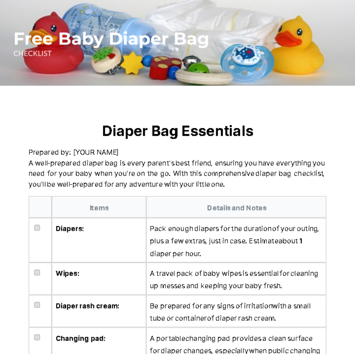 Baby Diaper Bag Checklist Template