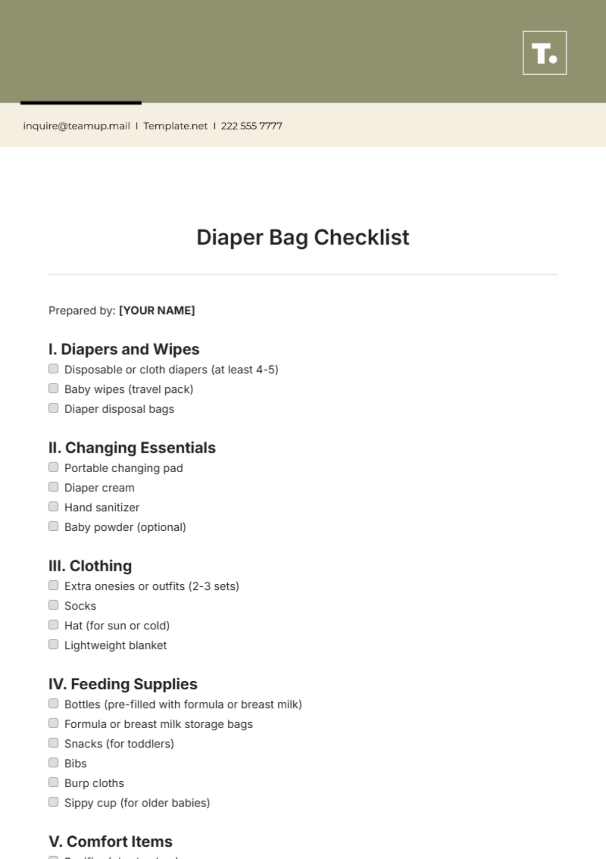 Diaper Bag Checklist Template - Edit Online & Download