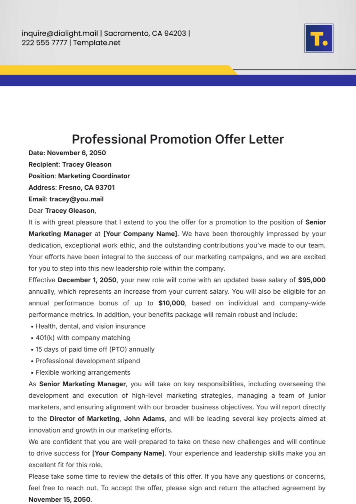 Professional Promotion Offer Letter Template - Edit Online & Download