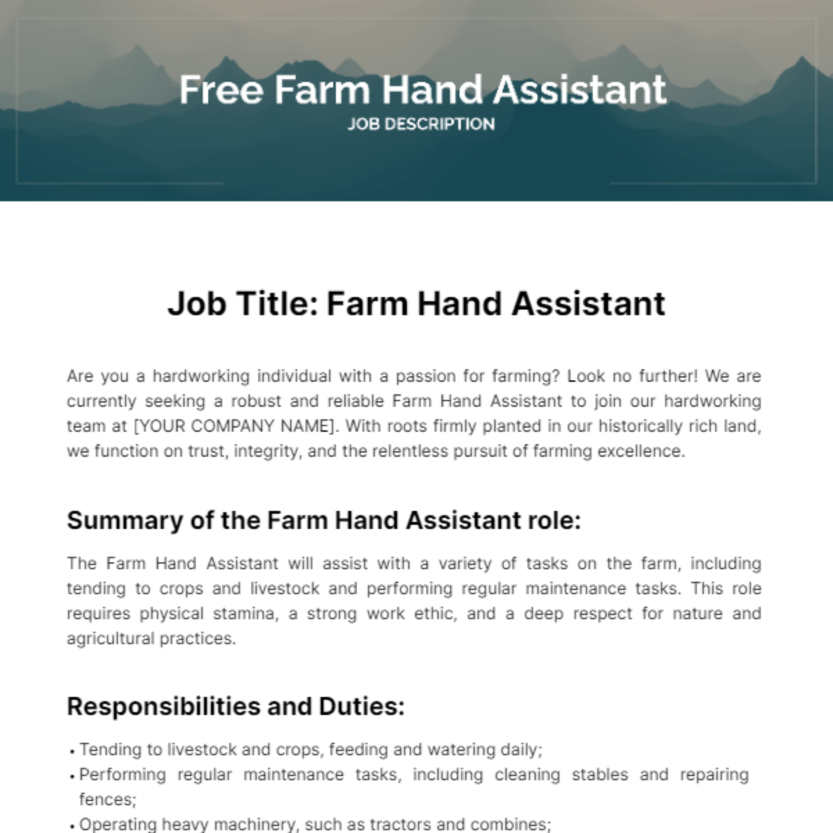 Free Farm Hand Assistant Job Description Template