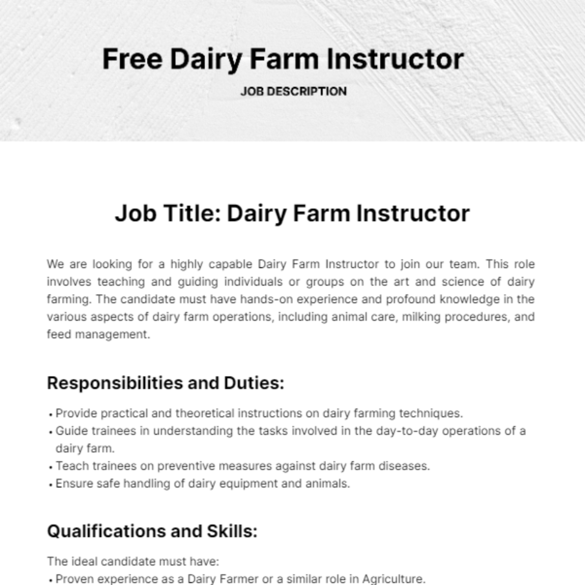 Free Dairy Farm Instructor Job Description Template
