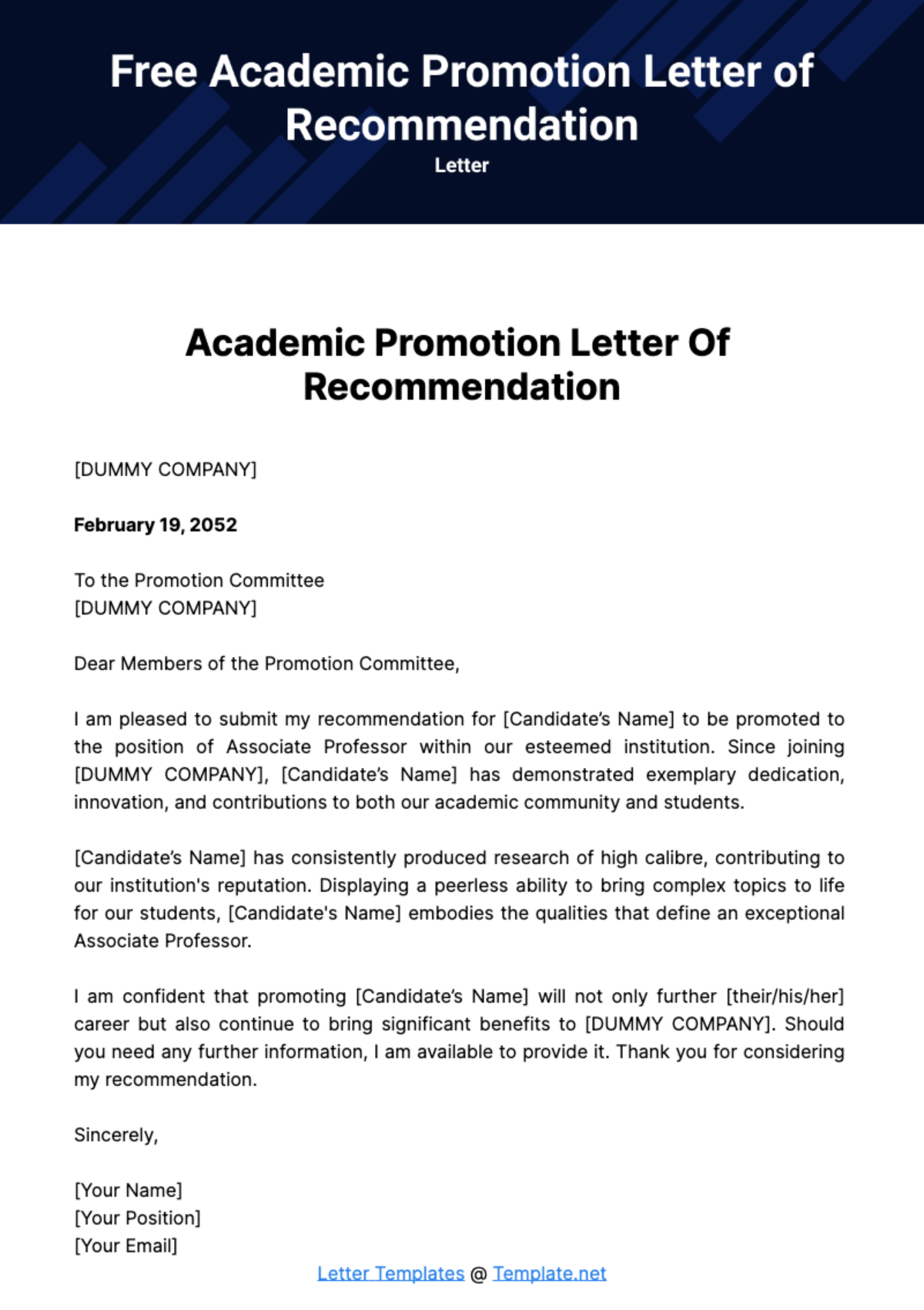 Academic Promotion Letter of Recommendation Template