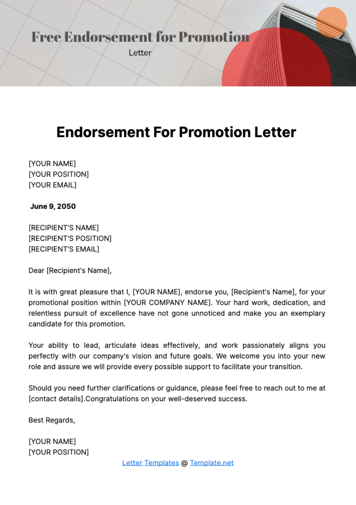 Free Endorsement for Promotion Letter Template