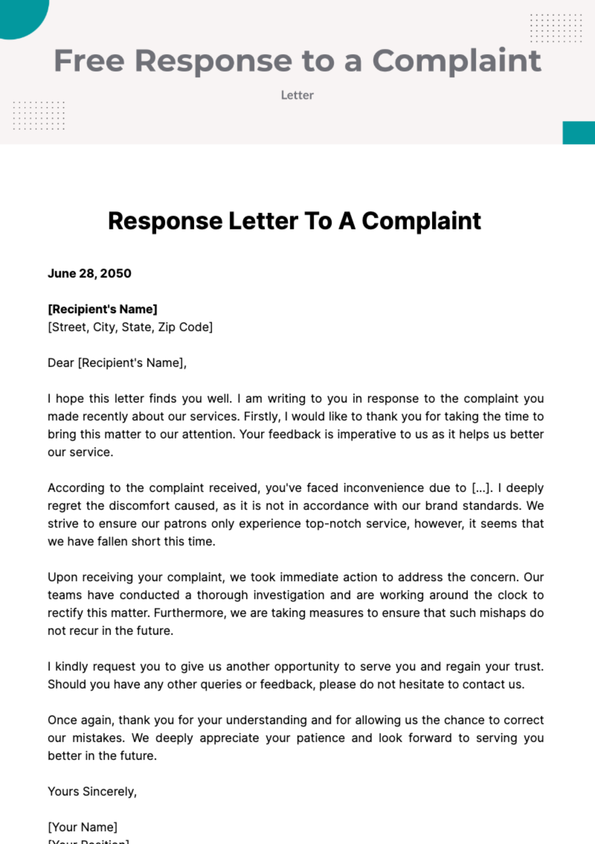 Free Response Letter to a Complaint Template