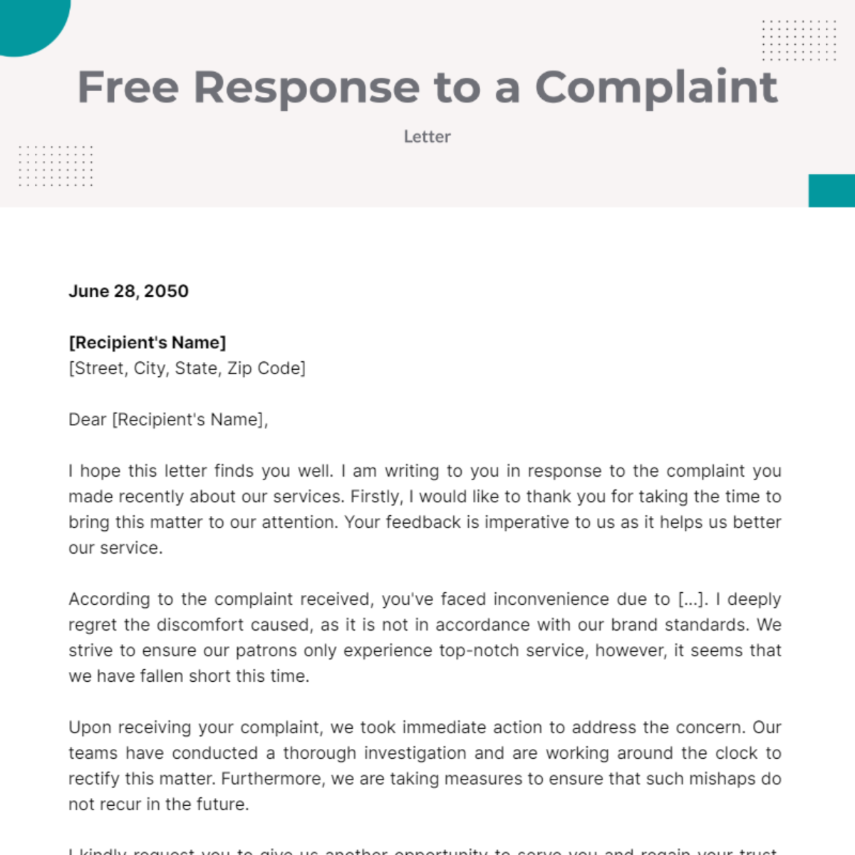 Free Response Letter to a Complaint